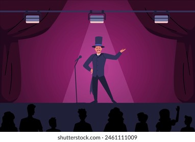 Rendimiento escénico. El actor, con esmoquin y sombrero de copa, sostiene un micrófono bajo los focos. Escena de la sala de conciertos de Vector con siluetas de público.