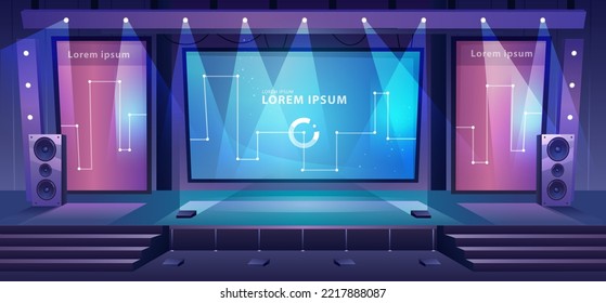 Stage for performance, concert or conference. Huge screen for presentation, loudspeakers and light to accent. Raised floor or platform. Vector in flat cartoon style