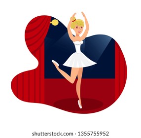 Stage Performance, Show Flat Vector Illustration. Ballet Celebrity in Pointe Shoes Isolated Cartoon Character. Professional Dancer Performing Pirouette Concept Idea. Theatre Dancing Play