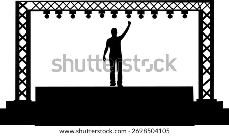 Stage Performance Silhouette Design. Man Standing on Platform Under Lights. Event and Concert Concept