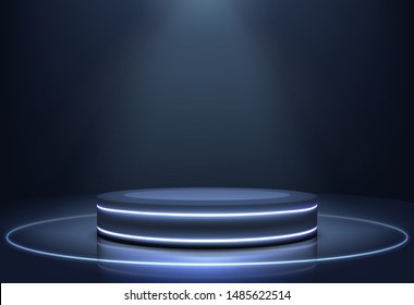 Stage for performances, product presentation podium or pedestal on glossy surface, illuminated in darkness with neon light rims and projector searchlight from above 3d realistic vector illustration