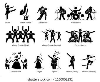 Stage performer artists for musical, dance, and theater show. Pictogram depicts ballet, dancers, music band, pantomime, and singers. 