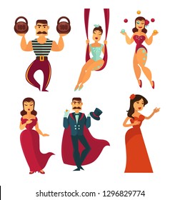 Stage performers circus show artists and singers vector strongman with weights female acrobat vs gymnast juggler and magician men with mustache and women in evening dresses isolated characters.