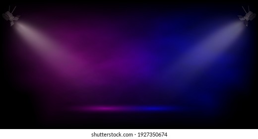 Stage In Pink And Blue Fog Spotlight. Light Fom Projectors Lighting Scene On Black Background. Interior Fashion Design Vector Illustration. Empty Minimal Colorful Lighting.