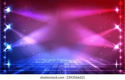 Stage in pink and blue fog spotlight. Empty scene with spots of light on floor. Light from projectors lighting scene.Realistic illustration of studio, theater or club interior with beams. Vector EPS10