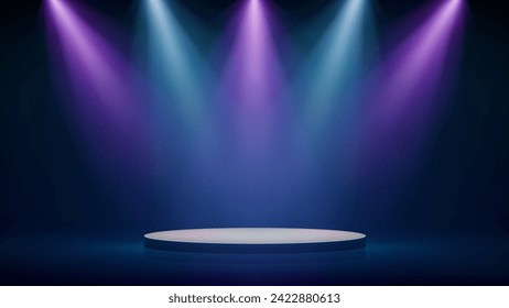 Stage, pink blue purple spotlights, podium. Background, backdrop for displaying products. Blue-pink stage spotlight on dark background. Beams of spotlights, glittering particles, a spot light. Vector