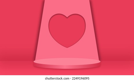 Stage pink podium and heart shape. 3d rendering pedestal on red background. Product display podium vector illustration. Valentines day wallpaper.