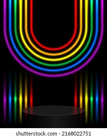 Stage podium with abstract rainbow neon light. Pedestal scene for product display on black background. Vector illustration.