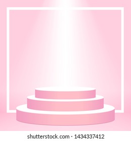 stage podium award 3d for champion on pink background, pedestal show for victory position and light effect, stage award presentation for the best cosmetic products, stage lighting scene for the winner