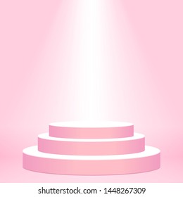 stage podium award for champion on pink background, pedestal show for victory position and light effect, stage award presentation for the best cosmetic products, stage lighting scene for the winner