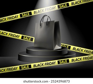 Podio de escenario con bolso de compras negro Black Friday Rebajas Vector realista