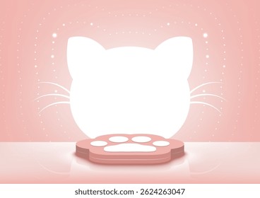 Stage podium cat footprint decorated with cat head shape light. Pedestal scene with for pets product advertising on peach color background. Minimal style. Vector illustration