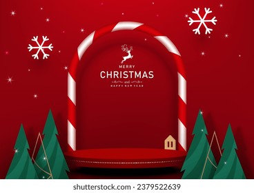 Stage podium Christmas product  festive. Red base, Candy arch shape, Tree, Snowflake. Vector illustration.