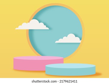 stage podium with clouds on yellow background vector illustration. 