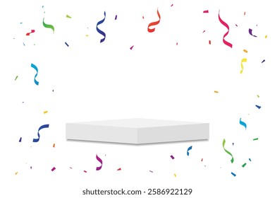 Stage Podium With Colorful Confetti And Ribbon On White Background. Abstract Business Wallpaper. Surprise Backdrop. Congratulations Banner. Vector Illustration