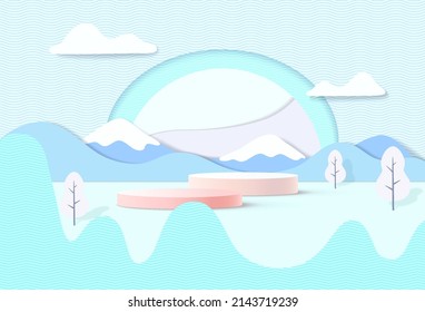 Stage podium decor with 3d pedestal scene or platform for product stand. Vector illustration. Round podiums for product presentation.