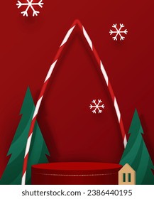 Stage podium decor with Christmas festive elements, red background for product show. Vector illustration.