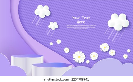 Decoración de podio escénico con formas florales y nubes. 3d escena peatonal o plataforma para soporte de producto. Ilustración vectorial. Programas redondos para presentaciones de productos.