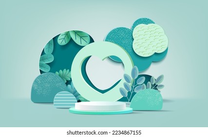 Stage podium decor with plant shape. 3d pedestal natural scene for product display. Vector illustration.