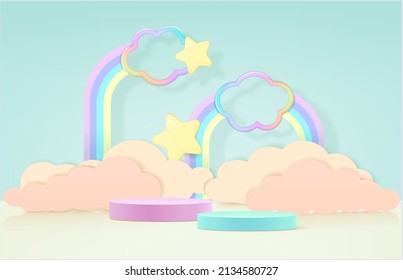 Stage podium decor with rainbows shape, clouds. 3d pedestal summer scene or platform for product stand. Vector illustration. Round podiums for kids product presentation.