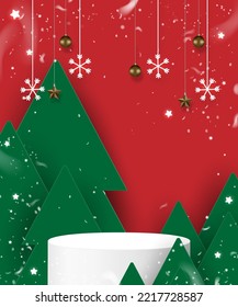 Stage podium decorated with Christmas tree, snow, snowflakes, star, and Christmas balls. Christmas background. Vector illustration.