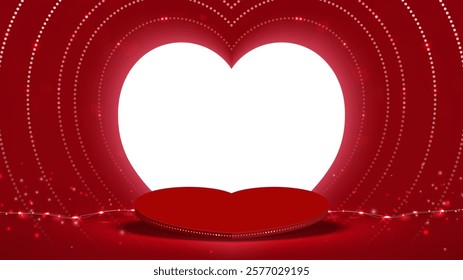 Stage podium decorated with Heart lighting, Light decorative. Pedestal scene with for product platform, advertising on Red background. Valentine's day background. Minimal style. Vector illustration.