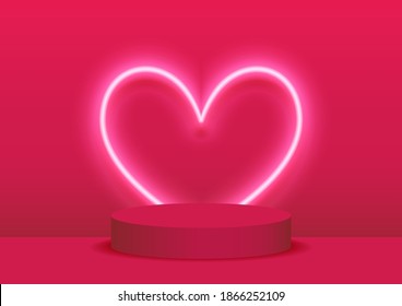 Pódio de palco decorado com iluminação em forma de coração. Cena de pedestal com plataforma de produto, publicidade, show, prêmio, vencedor em fundo rosa. Fundo do dia dos namorados.Minimal.Ilustração vetorial.