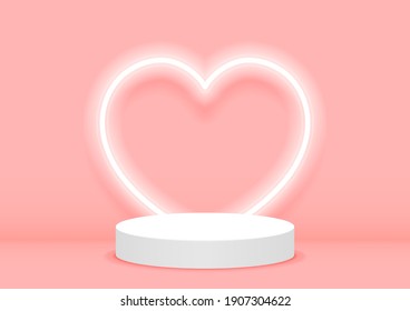 Stage podium decorated with heart shape lighting. Pedestal scene with for product, advertising, show, on light pink background. Valentine concept. Backdrop of love. Minimal style. Vector illustration.