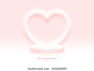 Stage podium decorated with heart shape lighting. Pedestal scene with for product, advertising, show, on light pink background. Valentine's day background. Minimal style. Love. Vector illustration.