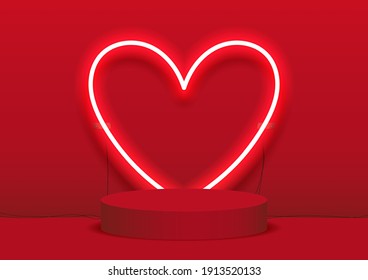 Stage podium decorated with heart shape lighting. Pedestal scene with for product, advertising, show, award ceremony, on red background. Valentine's day background. Minimal style.Vector illustration.