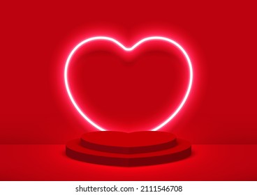 Stage podium decorated with heart shape neon lighting. Pedestal scene with for product display on Red background. Valentine's day background. Minimal style. Vector illustration.