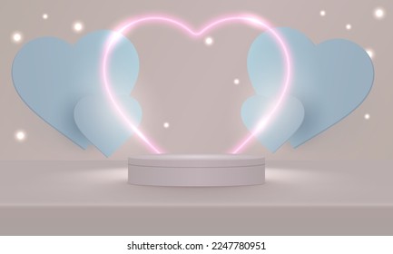 Podio estadio decorado con iluminación de forma cardíaca. Escena peatonal con para productos, publicidad, show, sobre fondo rosa claro. Concepto de San Valentín. Fondo de amor. Estilo minimalista. Ilustración vectorial.