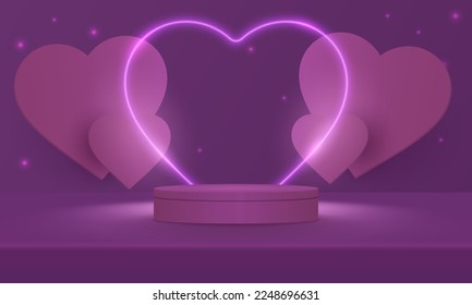 Stage podium decorated with heart shape lighting. Pedestal scene with for product, advertising, show, on light pink background. Valentine concept. Backdrop of love. Minimal style. Vector illustration.
