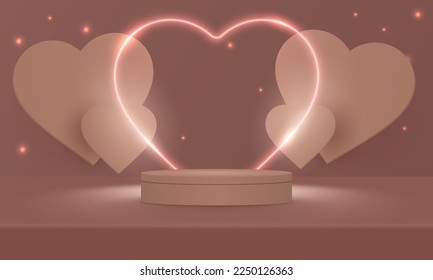 Podio estadio decorado con iluminación de forma cardíaca. Escena peatonal con para productos, publicidad, show, sobre fondo rosa claro. Concepto de San Valentín. Fondo de amor. Estilo minimalista. Ilustración vectorial.