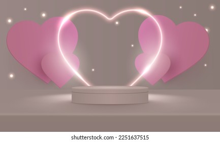 Stage podium decorated with heart shape lighting. Pedestal scene with for product, advertising, show, on light pink background. Valentine concept. Backdrop of love. Minimal style. Vector illustration.