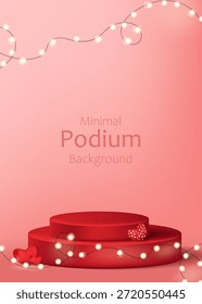 Escenario podio decorado con forma de corazón. escena de pedestal con para el producto, cosmético, publicidad, espectáculo, ceremonia de premios, sobre fondo rojo y luz. diseño de Vector.