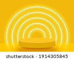 Stage podium decorated with lighting. Pedestal scene with for product, advertising, show, award ceremony, on yellow background. Summer background. Minimal style. Vector illustration.