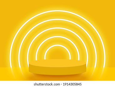 Stage podium decorated with lighting. Pedestal scene with for product, advertising, show, award ceremony, on yellow background. Summer background. Minimal style. Vector illustration. - Shutterstock ID 1914305845