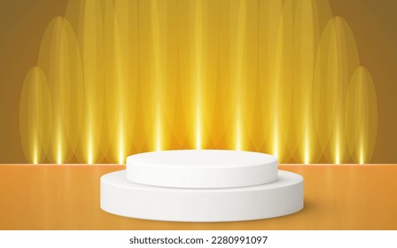 Stage podium decorated with lighting. Pedestal scene with for product, advertising, show, award ceremony, on yellow background. Summer background. Minimal style. Vector illustration.
