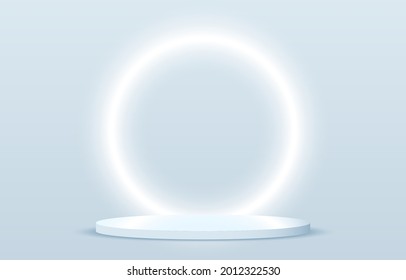 Stage podium decorated with neon circle lighting. Realistic 3d rendering pedestal and wall on blue background. Product display podium with reflection of light. Minimal design. Vector illustration