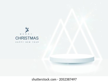 Stage podium decorated with neon lighting triangle shape. Abstract Christmas mock-up scene. Light blue 3d circle pedestal for a product, show, award, winner. Xmas day background. Vector illustration.
