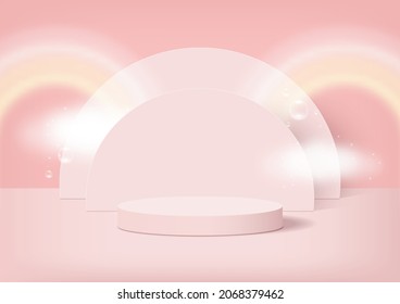 Stage podium decorated with rainbows, clouds, bubbles. 3d circle pedestal summer scene or platform for product display, advertising, show, award, winner on light pink background. Vector illustration.