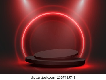 Stage podium decorated with Red neon lighting and Spotlight. Pedestal scene with for Product sale, advertising, show, award ceremony, on black background. Black Friday background. Vector illustration.