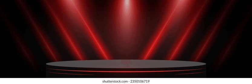 Podio escénico decorado con iluminación de neón rojo y foco. Escena de Pedestal para la venta de productos, publicidad, espectáculo y ceremonia de premiación, sobre fondo horizontal negro. Ilustración vectorial.