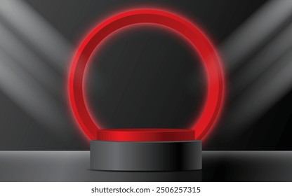 Stage podium decorated with Red neon lighting and Spotlight. Pedestal scene with for Product sale, advertising, show, award ceremony, on black background. Black Friday background