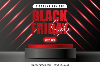 Podio de escenario decorado con iluminación de neón rojo y Spotlight. Escena del pedestal con para la venta del Producto, publicidad, espectáculo, ceremonia de premiación, en fondo negro. Fondo de Black Friday