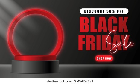 Podio de escenario decorado con iluminación de neón rojo y Spotlight. Escena del pedestal con para la venta del Producto, publicidad, espectáculo, ceremonia de premiación, en fondo negro. Fondo de Black Friday