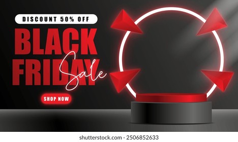 Stage podium decorated with Red neon lighting and Spotlight. Pedestal scene with for Product sale, advertising, show, award ceremony, on black background. Black Friday background