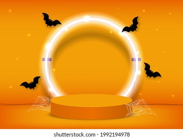 Stage podium decorated with round shape lighting, bats flying. Pedestal scene with for product, advertising, show, on orange background. Halloween's day concept. Vector illustration.