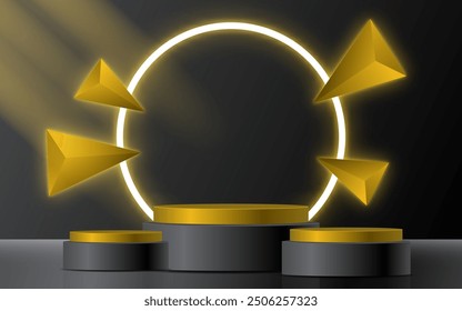 Stage podium decorated with Yellow neon lighting and Spotlight. Pedestal scene with for Product sale, advertising, show, award ceremony, on black background. Black Friday background